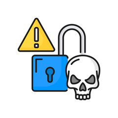 Lock and skull attention alert isolated color line icon. Vector digital data technology, access to privacy and caution about warning, hacker threat