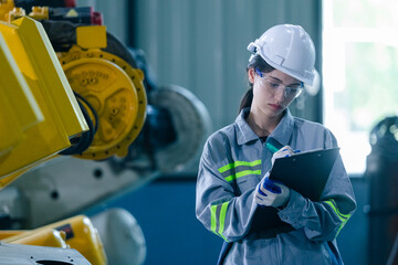 Female engineers working robot assembly industry plant in factory holding clipboard checking inspection quality robotic arm. Woman technician robotic industrial.