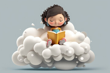 An enchanting image of a little girl lost in the pages of her book, sitting comfortably on a giant white fluffy cloud high above the ground. Generative AI - 583388884