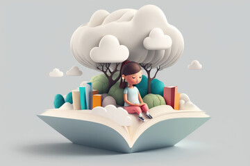 A breathtaking scene of a little girl sitting on a fluffy white cloud lika e book with a tree and a lot of books, engrossed in her book. Generative AI