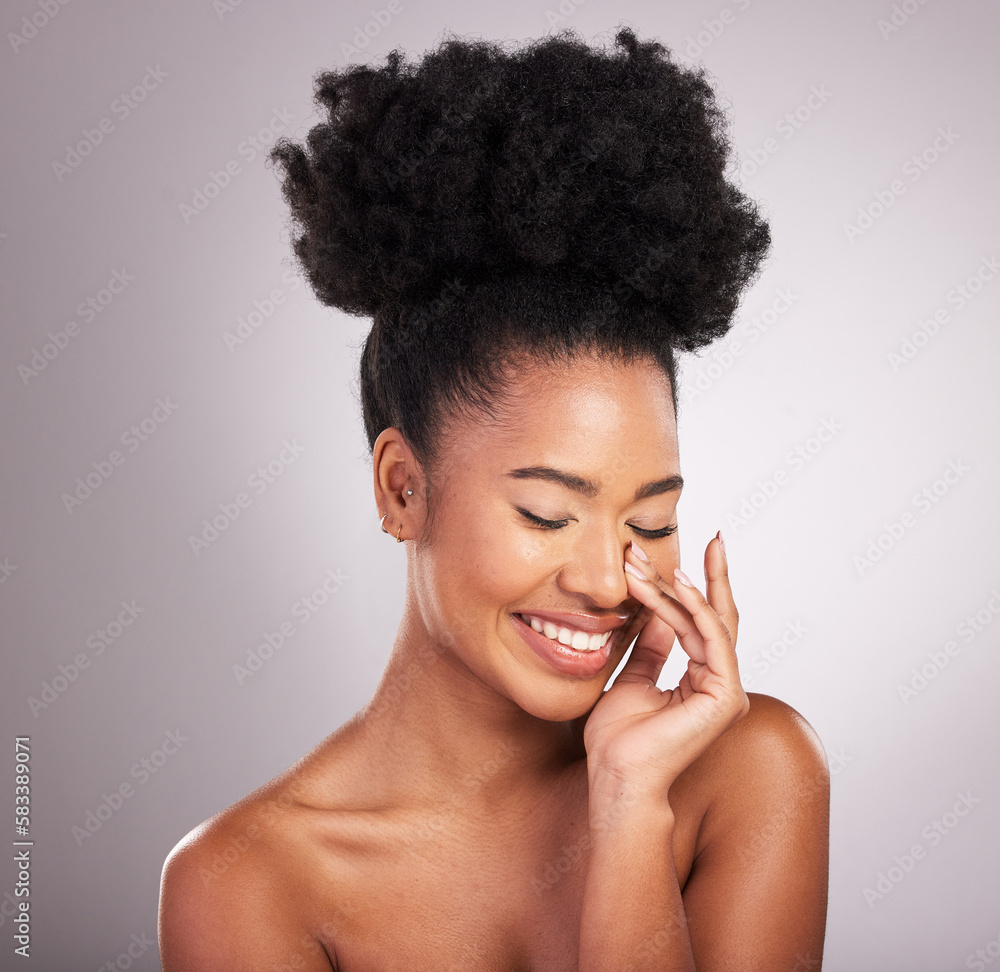 Poster Skincare, beauty and smile, black woman with happiness, white background and cosmetics. Health, dermatology and natural makeup and African model in studio for healthy skin care and wellness