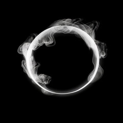 White smoke whirlpool with empty circle frame inside on black background, Generative AI. White smoke circle. Magic smoke or mist ring frame. Blank space frame in white smoke clouds.