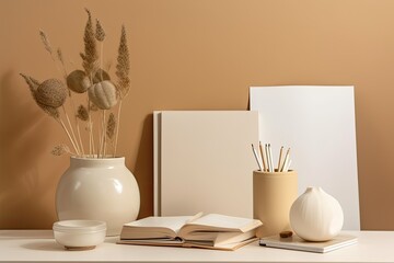 mockup of a white book on a beige table. Generative AI