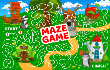 Labyrinth maze game cartoon fairytale house buildings. Kids vector board game worksheet help forest animals find their homes. Cute badger and hedgehog searching way to boot, apple, cabbage or windmill