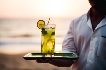 Vacation on a beach resort. Waiter with mojito cocktails on ocean beach. Beach bar drinks. Seashore bar. Generative AI.