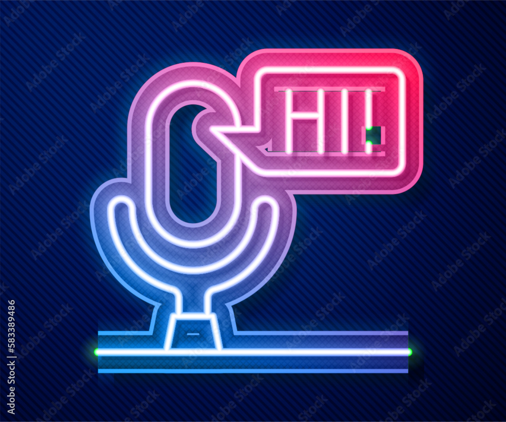 Poster glowing neon line microphone voice device icon isolated on blue background. microphone interpreter a