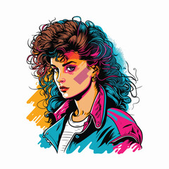 80s vintage girl full color illustration