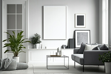 Modern interior with wall art painting mockup frame. Modern concept in design home interior, elegant accessories. Stylish and minimalistic home decor. Generative AI.