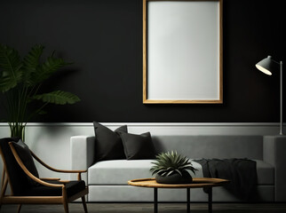 Modern interior with wall art painting mockup frame. Modern concept in design home interior, elegant accessories. Stylish and minimalistic home decor. Generative AI.