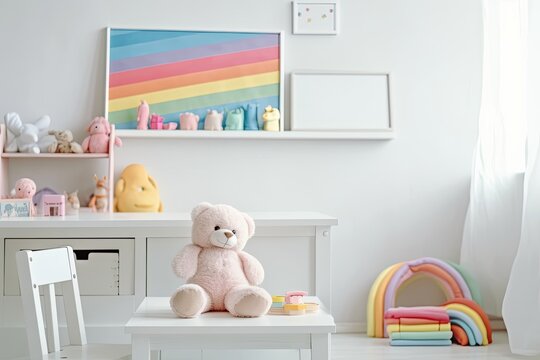 Teddy bear and a rainbow colored plush toy are framed in white on a white desk. Baby nursery painting in pink and blue with a blank horizontal frame mockup and baby kid toys. Generative AI