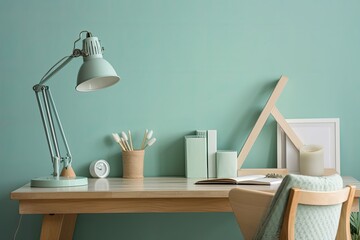 Workspace at home with a wooden desk and office materials. Pastel green wall. Generative AI