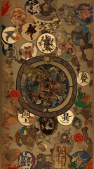 Fototapeta na wymiar Generated AI, Asian Wallpaper about belief, astrology, strengthening luck and destiny, which is a fusion of the beliefs of Buddhism until it becomes a belief that helps hold people's hearts.