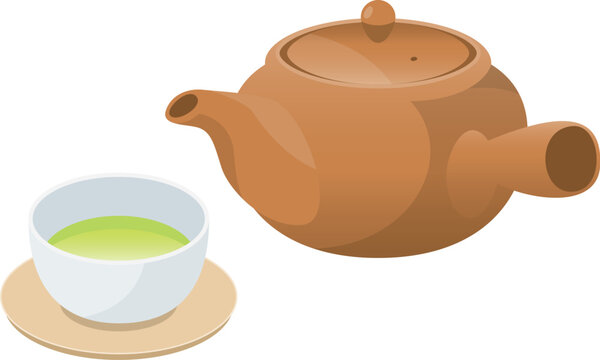 湯飲みに入っている緑茶と急須のイメージイラスト