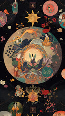Generated AI, Asian Wallpaper about belief, astrology, strengthening luck and destiny, which is a fusion of the beliefs of Buddhism until it becomes a belief that helps hold people's hearts.
