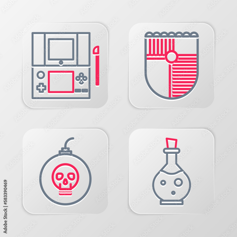Poster set line bottle with magic elixir, bomb ready to explode, shield for game and portable video console