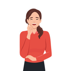 Plakat Happiness, laughing, smiling, positive emotions concept. Happy teen girl cartoon character with blue hair standing, covering open mouth with hand and laughing at joke or funny situation. Flat vector i