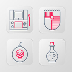 Set line Bottle with magic elixir, Bomb ready to explode, Shield for game and Portable video console icon. Vector