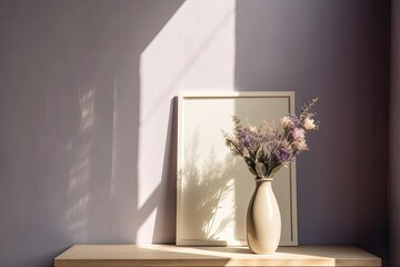blank poster with a window and a flower in a ceramic vase sunshine against a pale violet background. Generative AI