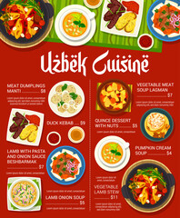 Uzbek cuisine menu with food of Uzbekistan and dishes, beshbarmak with manti and lagman, vector. Uzbek cuisine national meals, duck kebab and quince dessert with nuts, lamb with pasta and onion