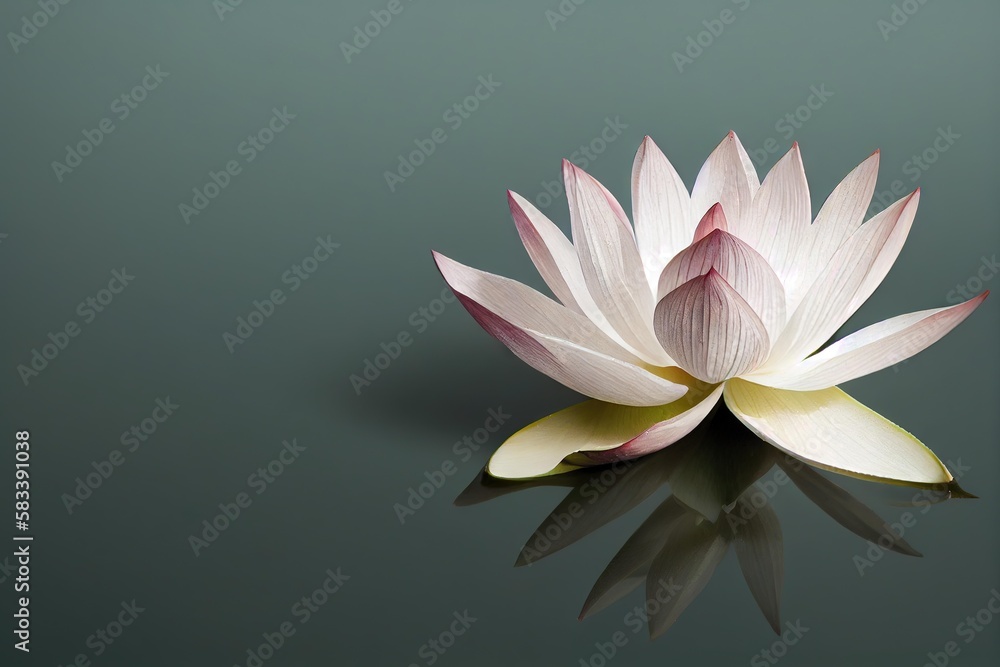 Poster beautiful flowers white and pink water lily on water reflected on gray background., created with gen