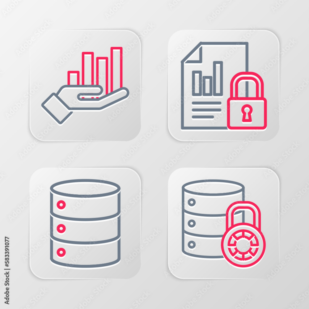 Poster set line server security with lock, server, data, web hosting, document and and pie chart infographi