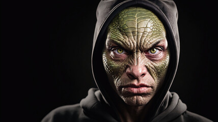 closeup of humanoid alien reptilian with scary angry face with green brown skin and green eyes in black hoodie on dark background, generative AI