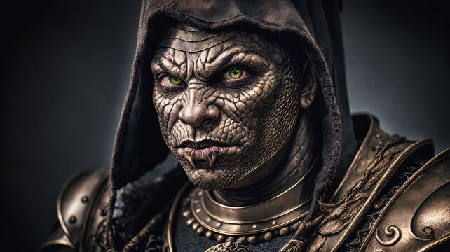 closeup of medieval humanoid alien reptilian warrior with scary angry face and brown skin and green eyes in gothic armor, generative AI