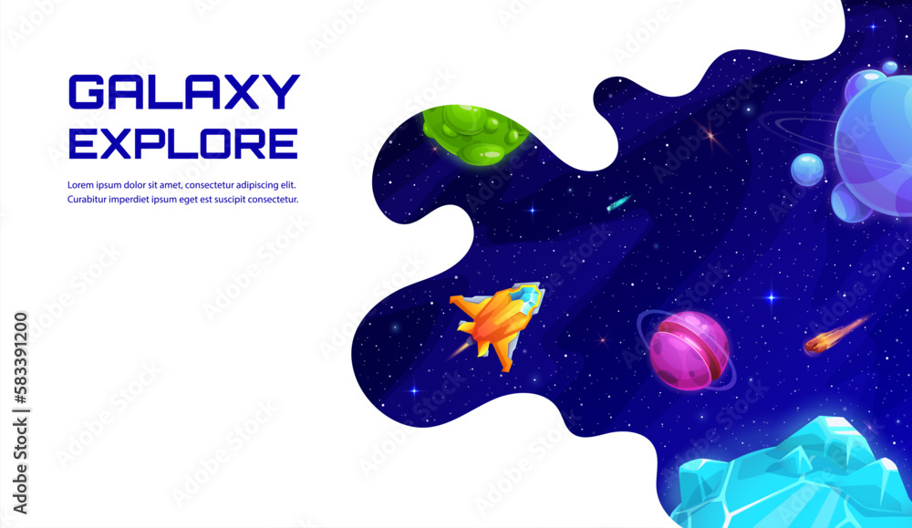 Poster space landing page, cartoon spaceship in starry galaxy. vector background with spacecraft travel in 