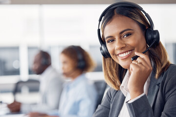 Woman, call center and smile with headset mic for telemarketing, customer service or support at the...