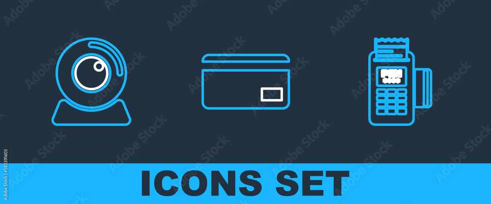 Poster set line pos terminal, web camera and credit card icon. vector