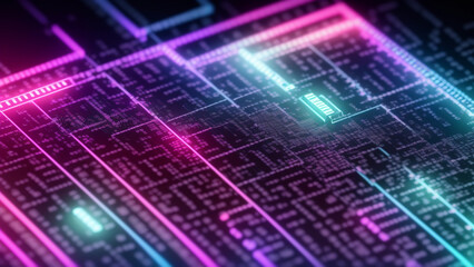 Obraz premium カラフルな発光するネオン、電子回路、電脳空間、パソコン内部、マザーボードのイメージ アップImage up of colorful glowing neon lights, cpu, circuits, computer internals, and motherboards