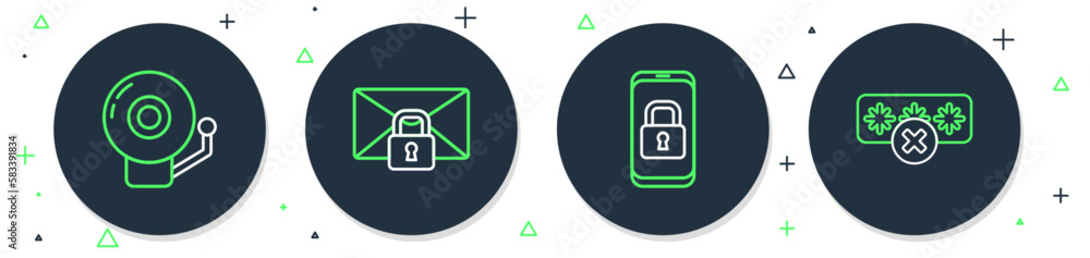 Poster set line mail message lock password, mobile with closed padlock, ringing alarm bell and password pro