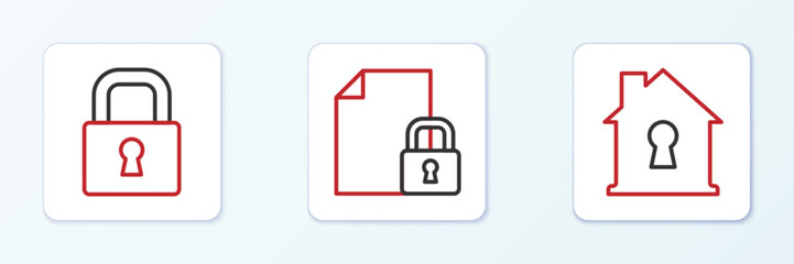 Set line House under protection, Lock and Document and lock icon. Vector
