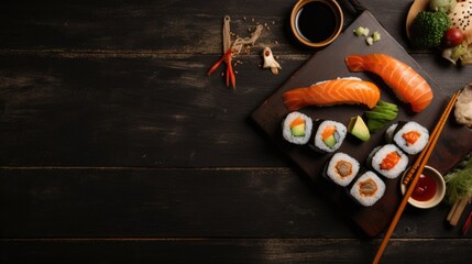 Overhead shot for sushi restaurant menu. Japanese traditional cuisine. Generative AI