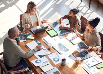 Business meeting, planning and people manager with digital marketing strategy, data analytics and technology green screen. Employees startup, brainstorming charts and graphs in workshop ideas above