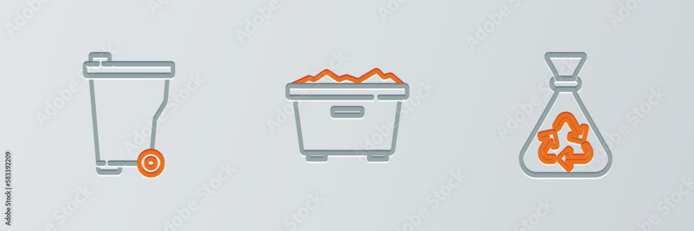 Poster set line garbage bag with recycle, trash can and icon. vector