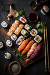 Overhead shot for sushi restaurant menu. Japanese traditional cuisine. Generative AI