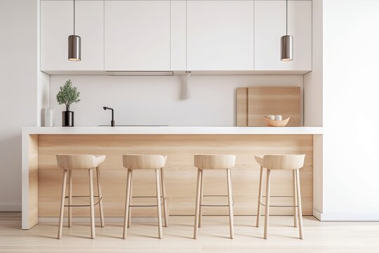 A close up of a light wood kitchen bar with three stools nearby. A white cabinet and a section of blank wall are present. a mockup Toned picture. Generative AI