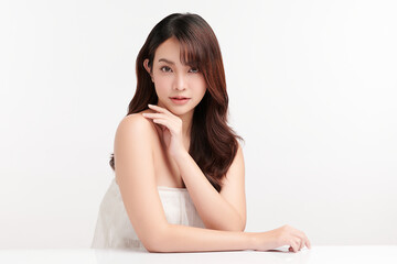 Beautiful young asian woman with clean fresh skin on white background, Face care, Facial treatment, Cosmetology, beauty and spa, Asian women portrait.