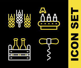 Set line Conveyor band, beer, Wine corkscrew, Pack of bottles and Wheat icon. Vector