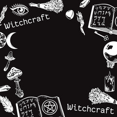 Square frame on the theme of witchcraft and magic on a black background