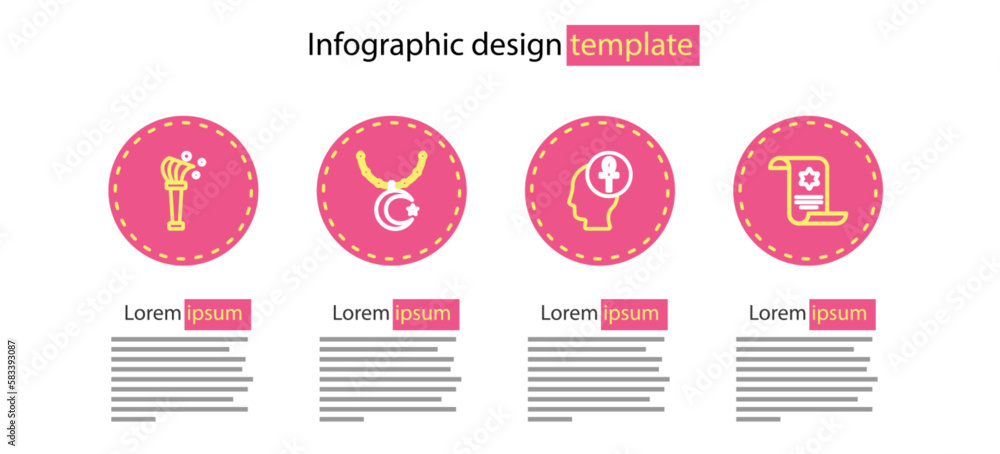 Poster set line cross ankh, torah scroll, star and crescent on chain and aspergillum icon. vector