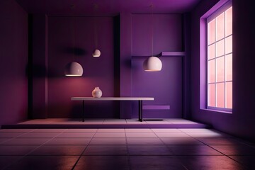 basic design, a purple wall, and an empty room. Interior of a hotel or office, with dim lighting and shadows. Background for a product or text. Speculate, copyspace. Generative AI