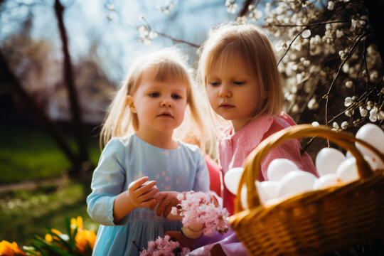 Easter egg hunt. Children on an Easter Egg hunt on a meadow in spring. Childrens on a meadow at spring sunny day. Easter celebration. Generative AI.