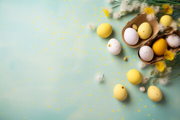 Naklejka na ściany i meble Colorful Easter eggs with spring blossom flowers over green background. Colored Egg Holiday background with place for text. Generative AI. Easter banner or postcard.
