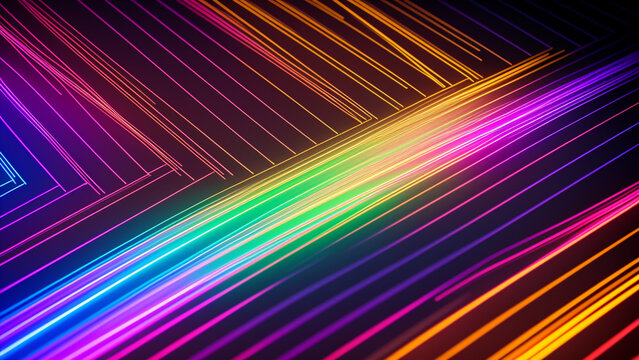 カラフルな発光するネオンが飛び回るイメージ　テクノロジー、近未来An image of colorful glowing neon lights flying around Technology, the near future