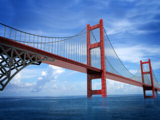 Suspension bridge across the sea connecting two sides of the land. 3D illustration