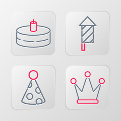 Set line Crown, Party hat, Firework rocket and Cake with burning candles icon. Vector