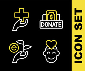 Set line Donation and charity, Volunteer, Leaf in hand and Heart with cross icon. Vector