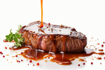 A juicy steak with sauce splashing out. generative AI. - obrazy, fototapety, plakaty
